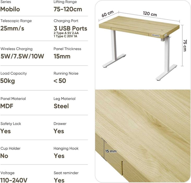 Nowe biurko elektryczne / ładowarka indukcyjna / 60x120CM !A3034!