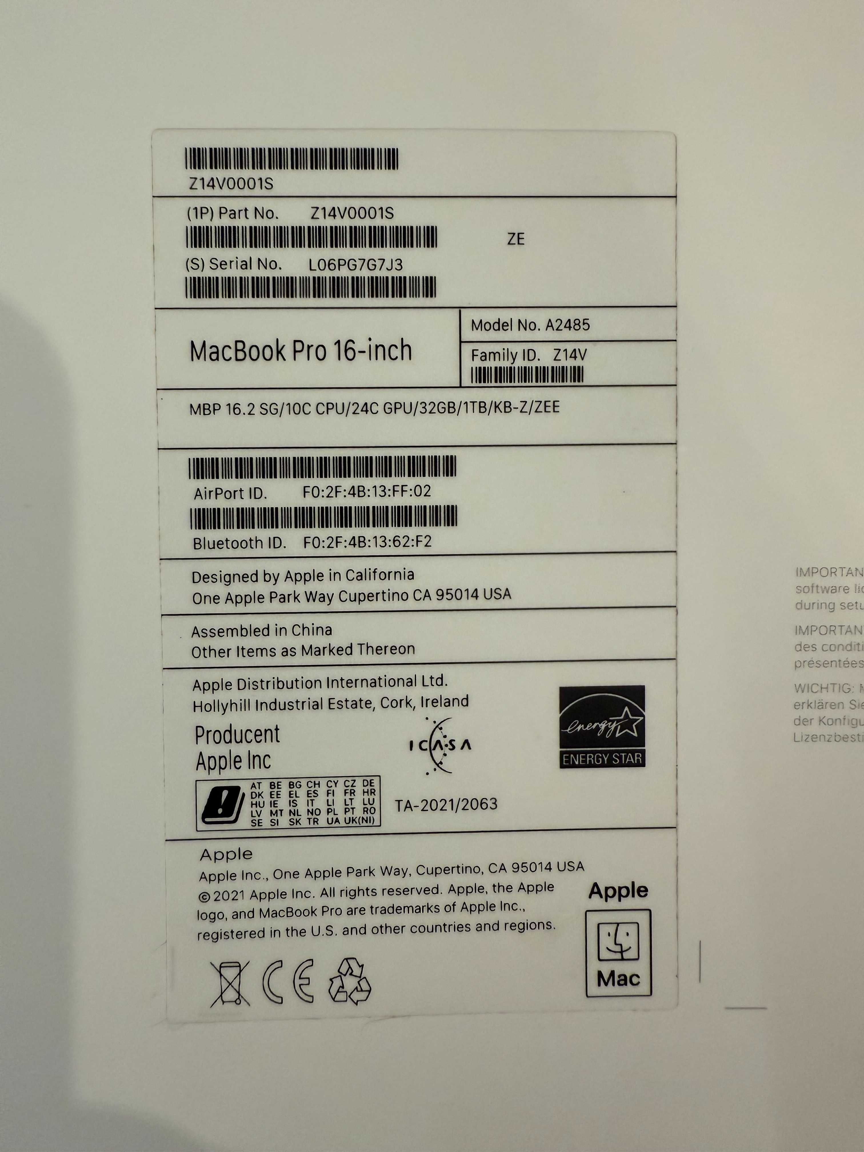 Macbook pro 16.2 M1 max / 24 GPU / 32 G / 1TB SSD  Faktura Vat