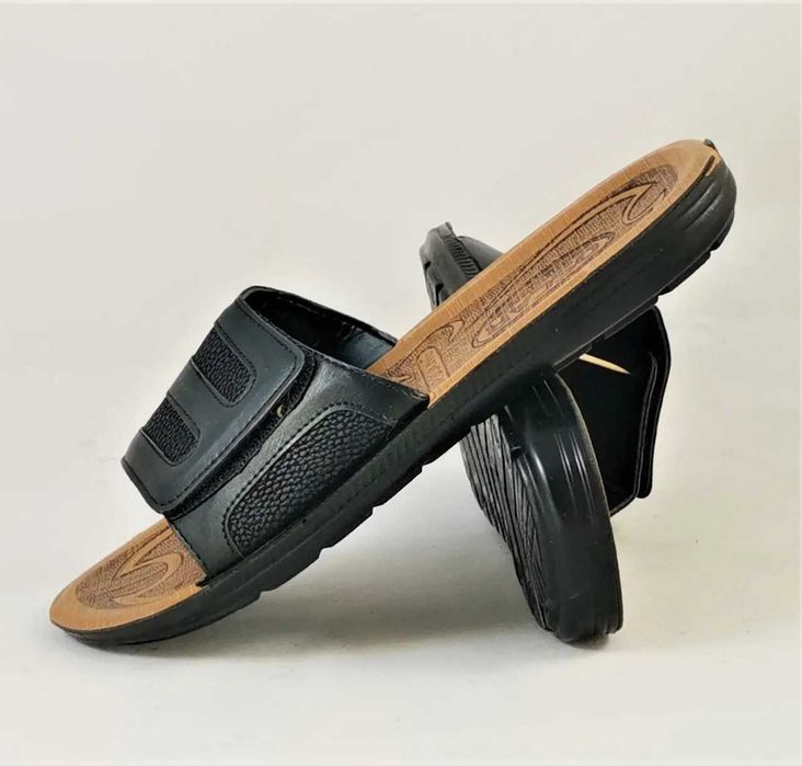 Мужские Шлёпанцы Тапочки Кожаные Черные Сланцы на Липучке