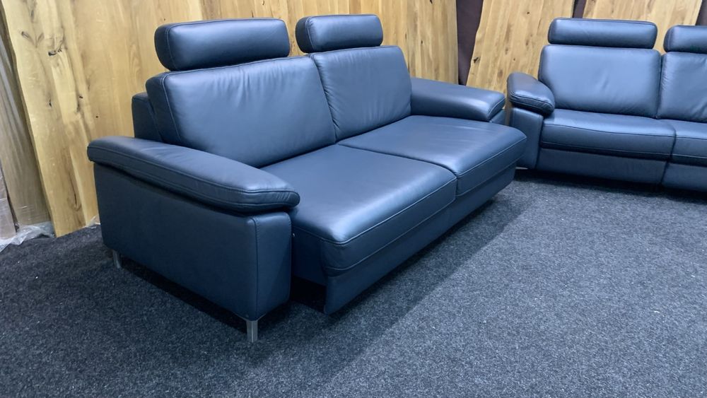 Шкіряний комплект  диван реклайнер релакс розкладний темно синій