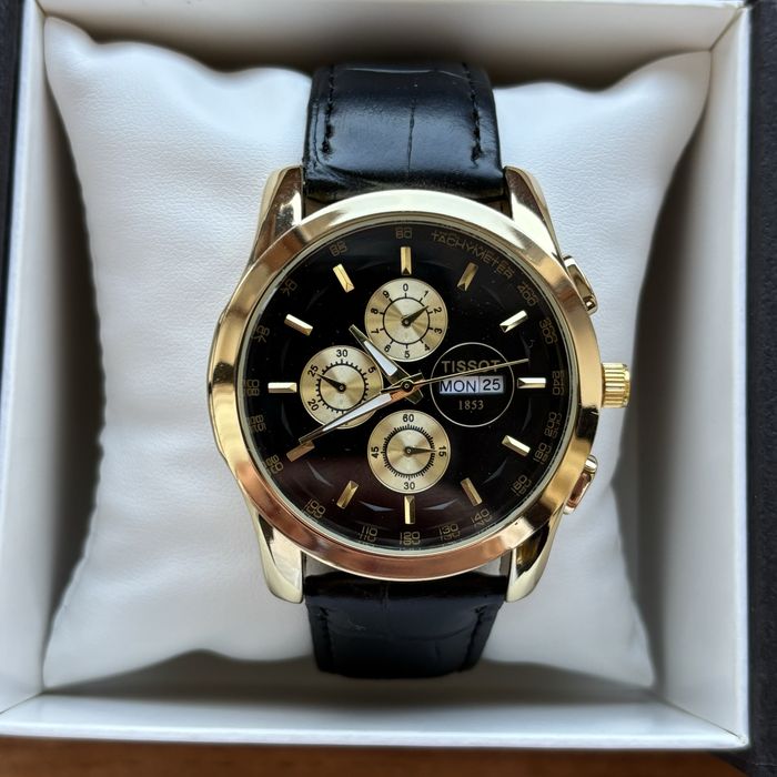 Хіт! Чоловічий годинник Tissot золотого кольору з чорним ремінцем