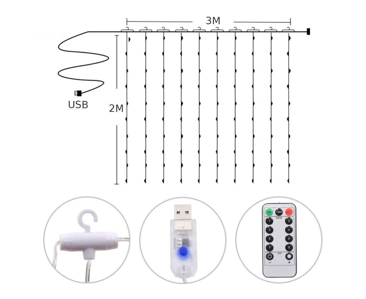 Светодиодная гирлянда USB штора RGB, 3x2 м, 8 режимов, с пультом