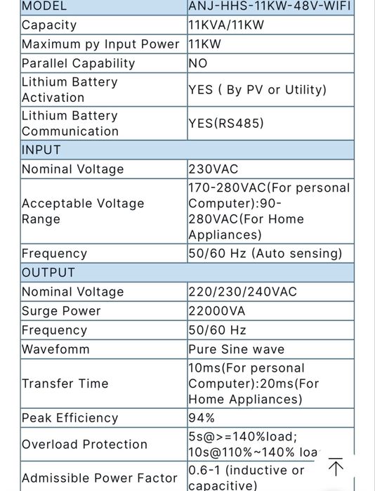 Гібридний інвентор Anenji 11 квт, 2 MPPT, wifi, працює без батареї.