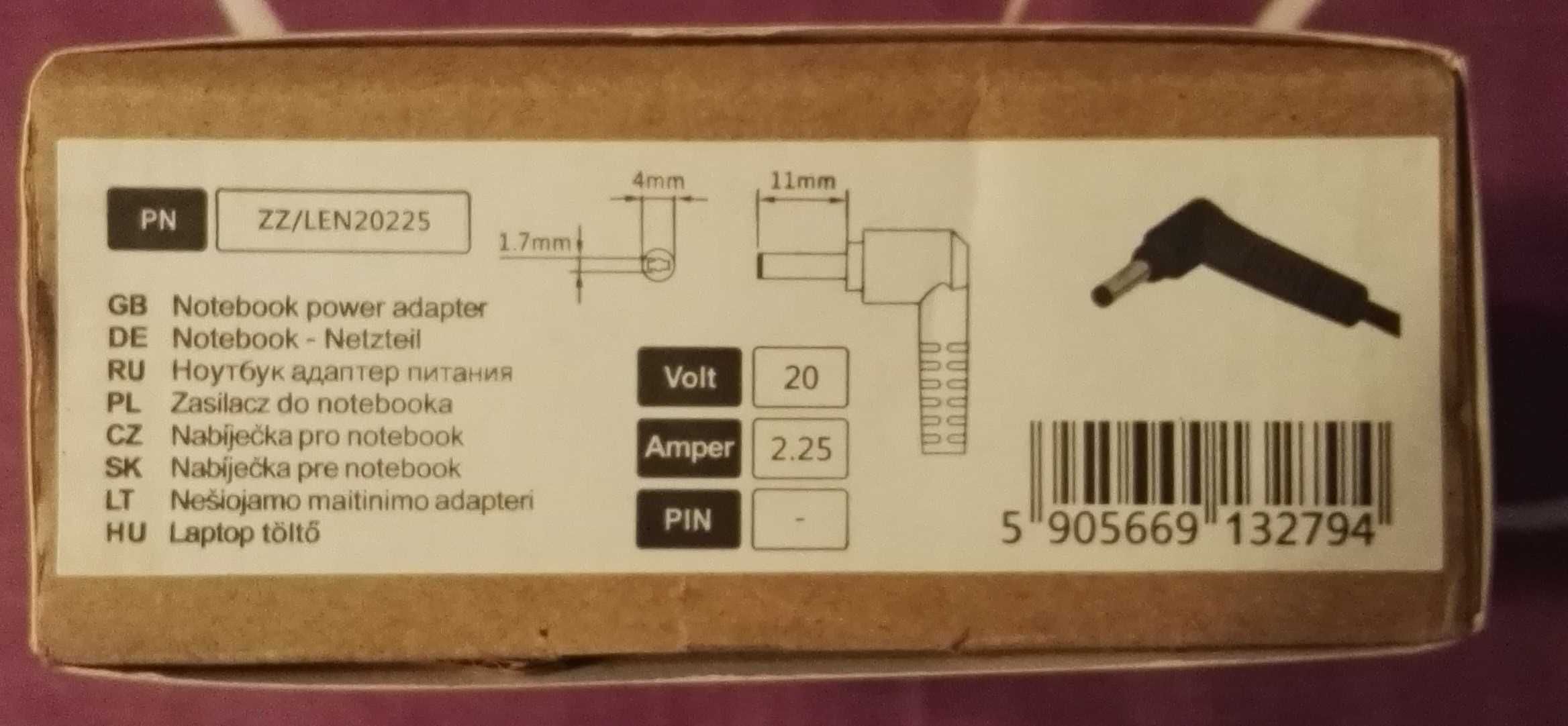 Zasilacz Ładowarka do laptopa notebook 20V 2.25A 45W 4.0-1.7 NOWE