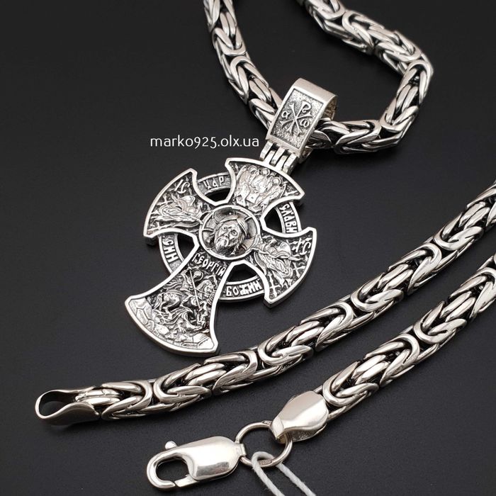 Товста чоловіча срібна цепочка лисячий хвіст і освячений кулон хрестик