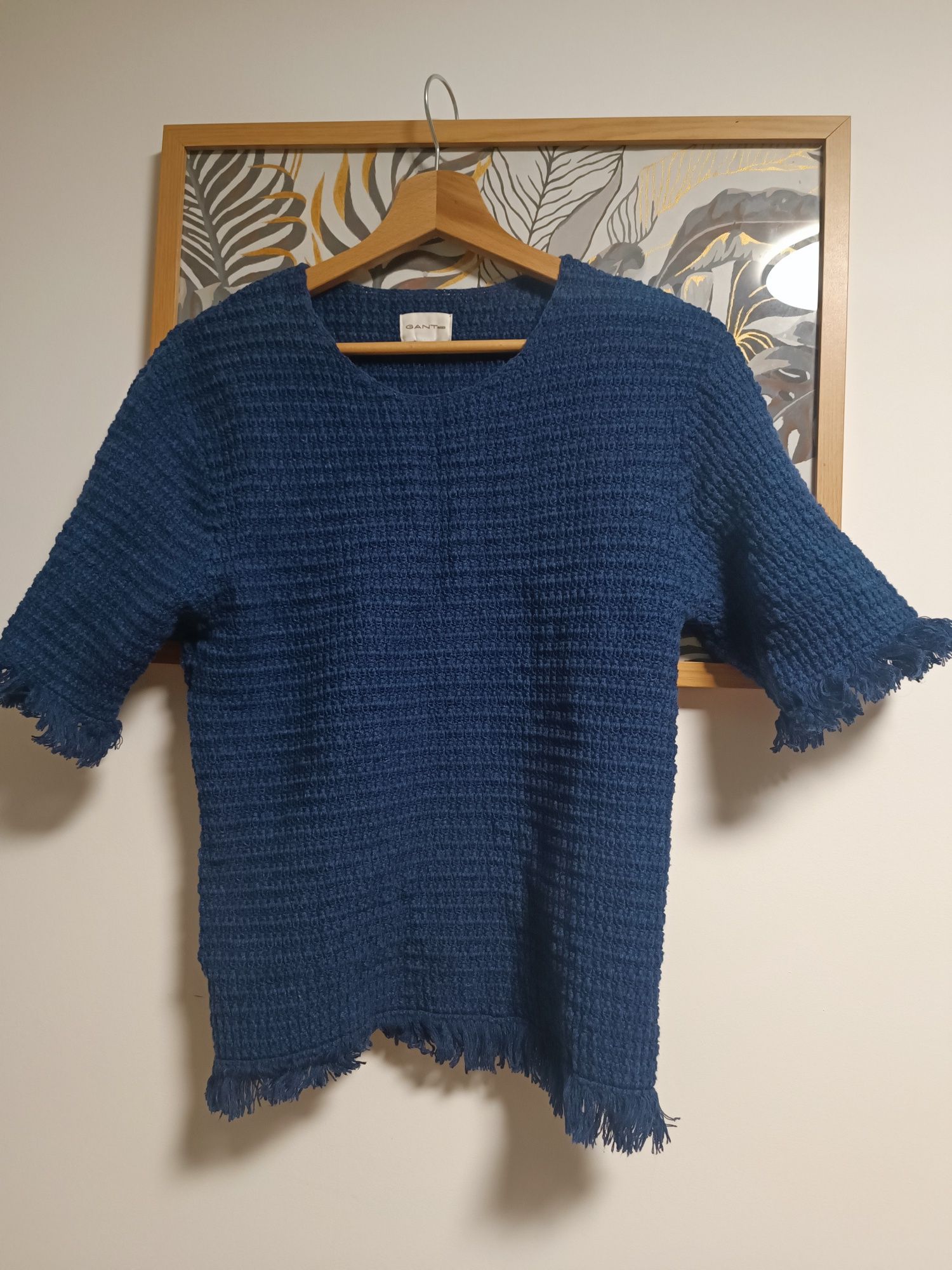 Granatowy sweter rękaw 3/4 z frędzlami GANT