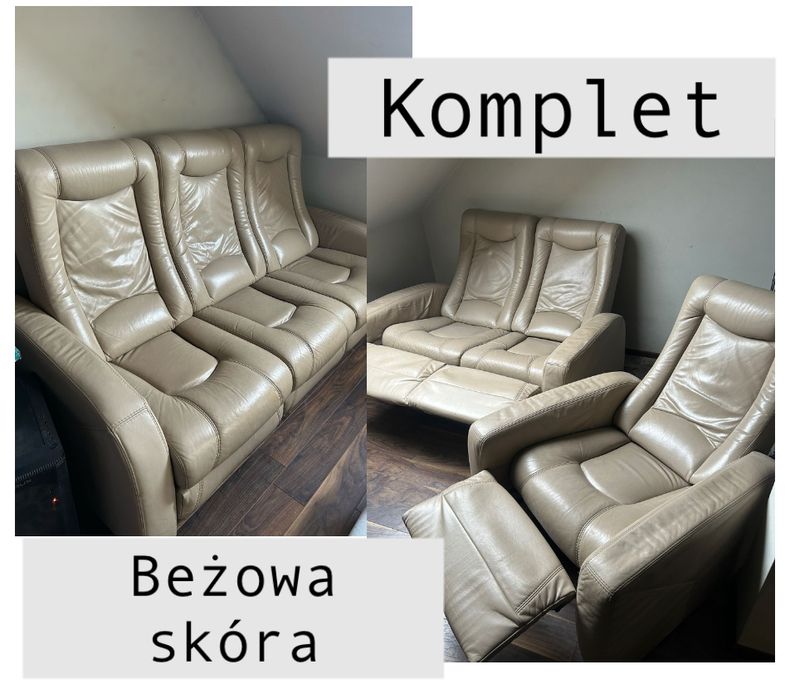 Zestaw skórzanych mebli 2 beżowe sofy i fotel, rozkładane, wygodne