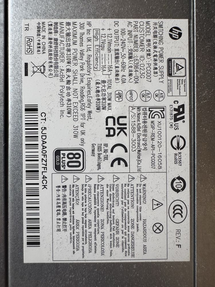 Fonte de alimentação HP 80 plus Gold 310w