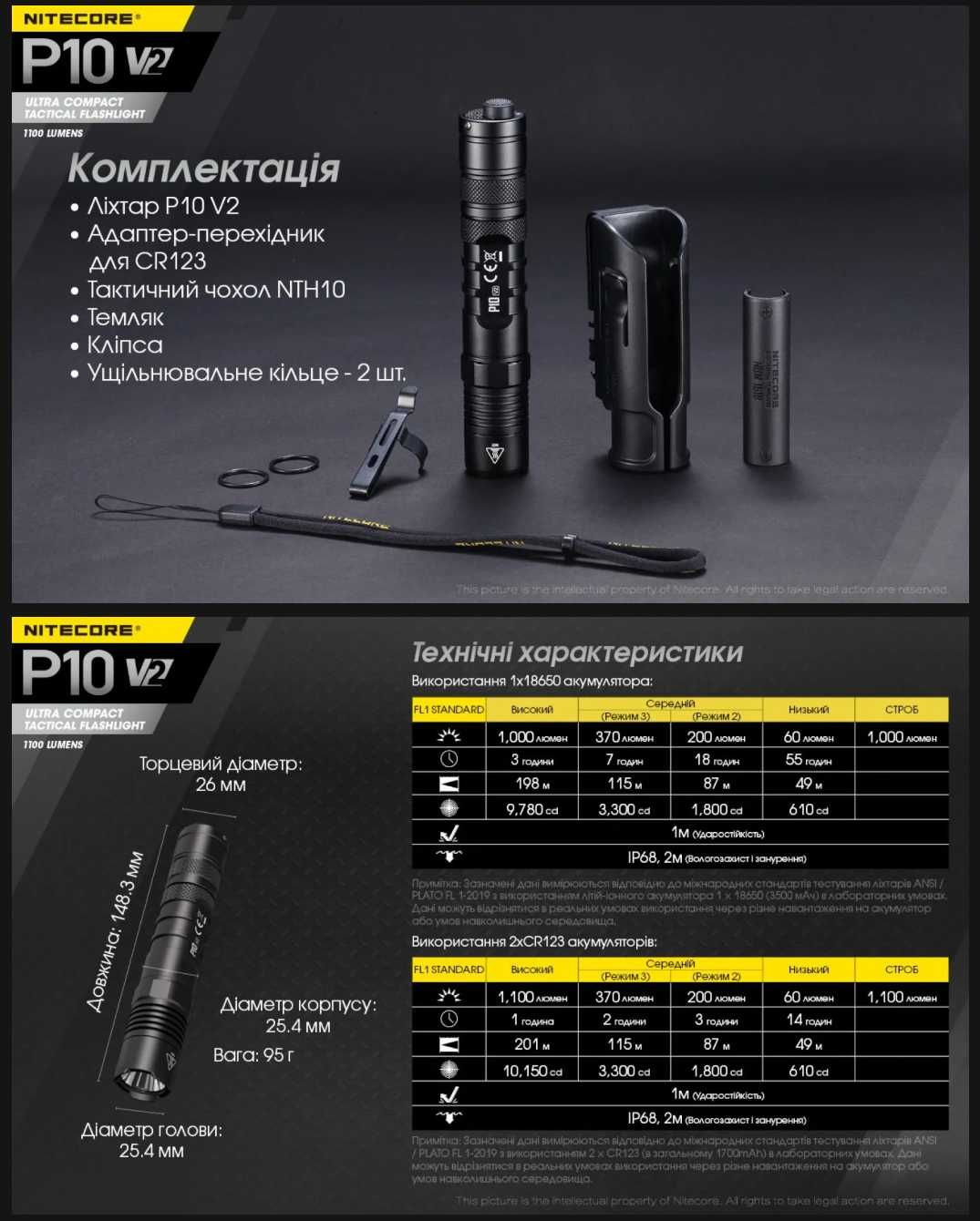 Nitecore P10 V2 Тактичний Ліхтар STROBE READY 1100 Люмен 201 Метр