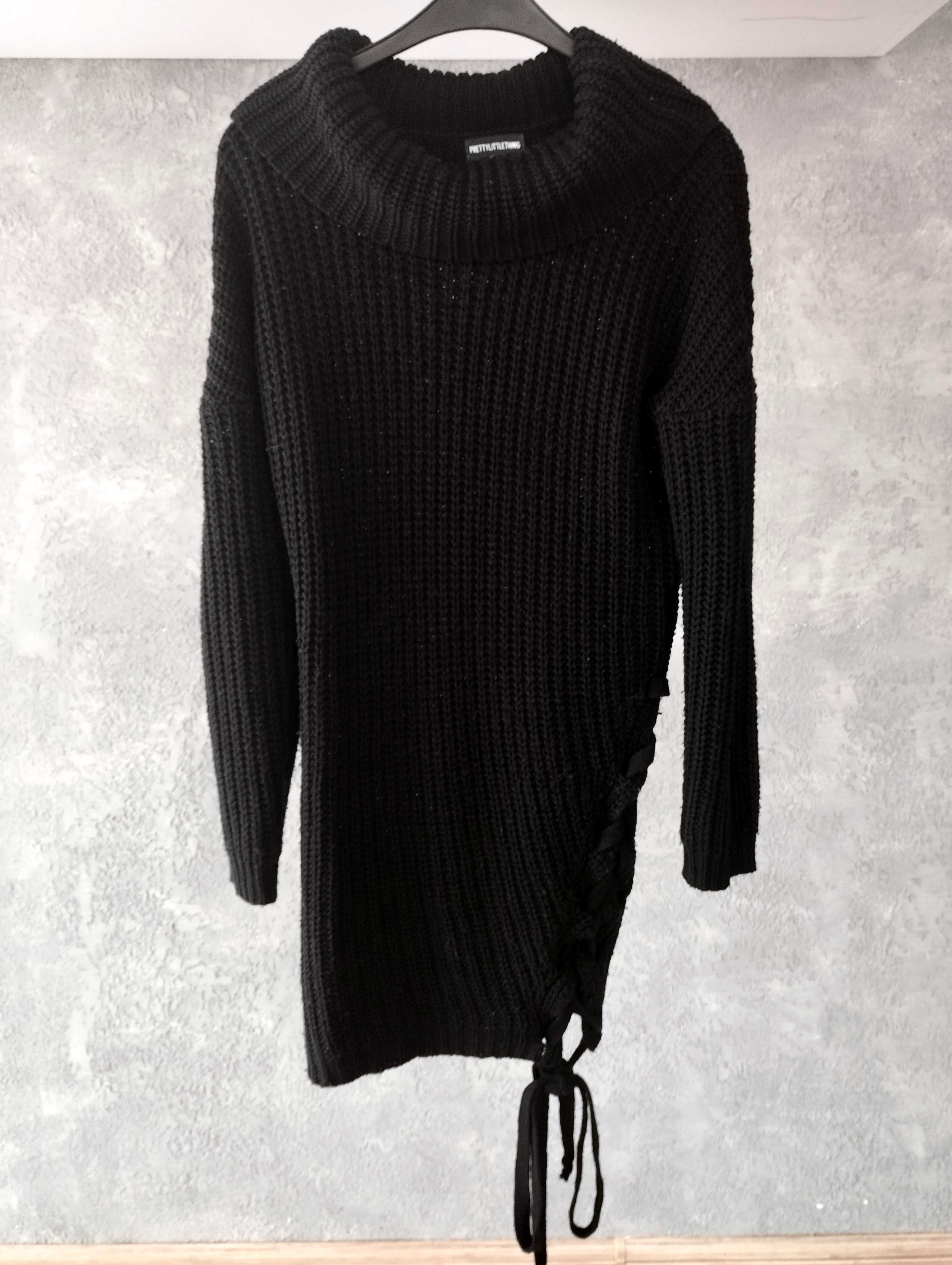 Długi sweter czarny, wiązany bok, tunika z golfem, ciepły, M/L