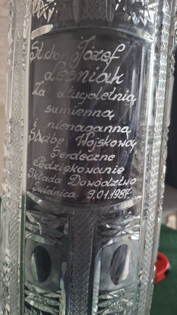 Duży wazon kryształowy PRL z grawerem