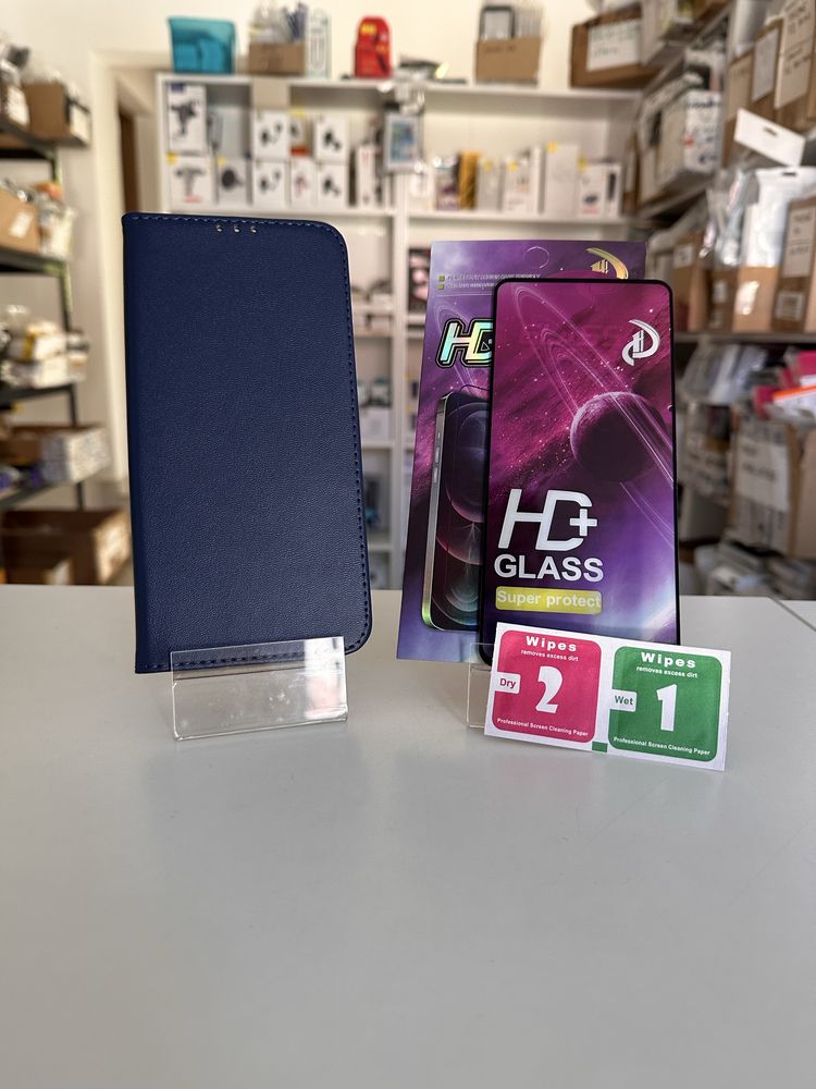 Etui Zamykane granatowe + SZKŁO cały ekran do OPPO RENO 13F 5G
