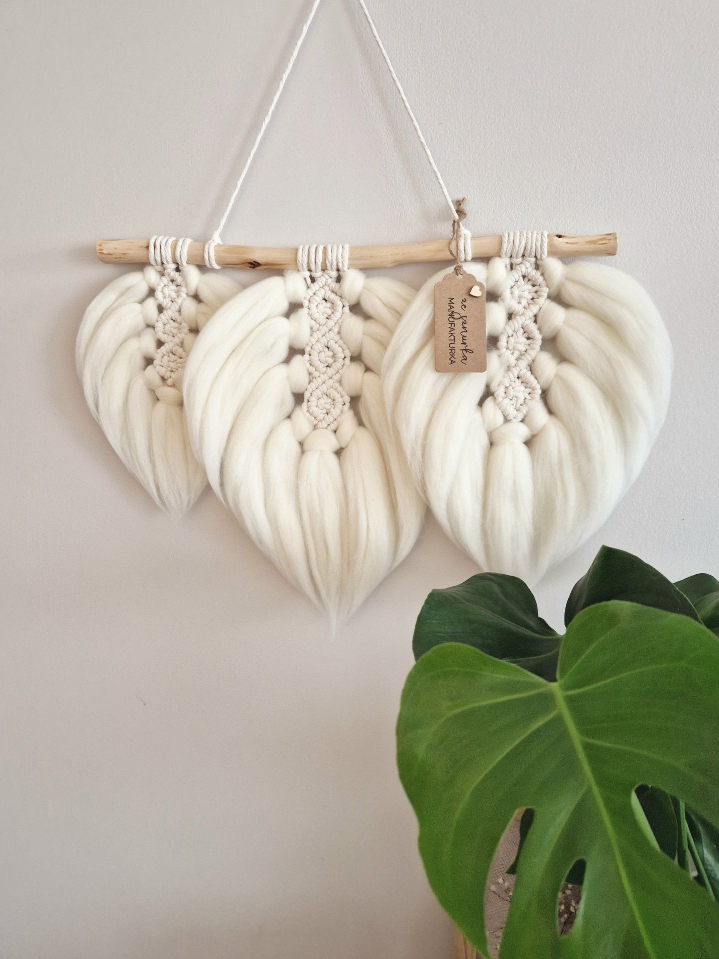 Makramowe liście z wełny puchate listki handmade rękodzieło