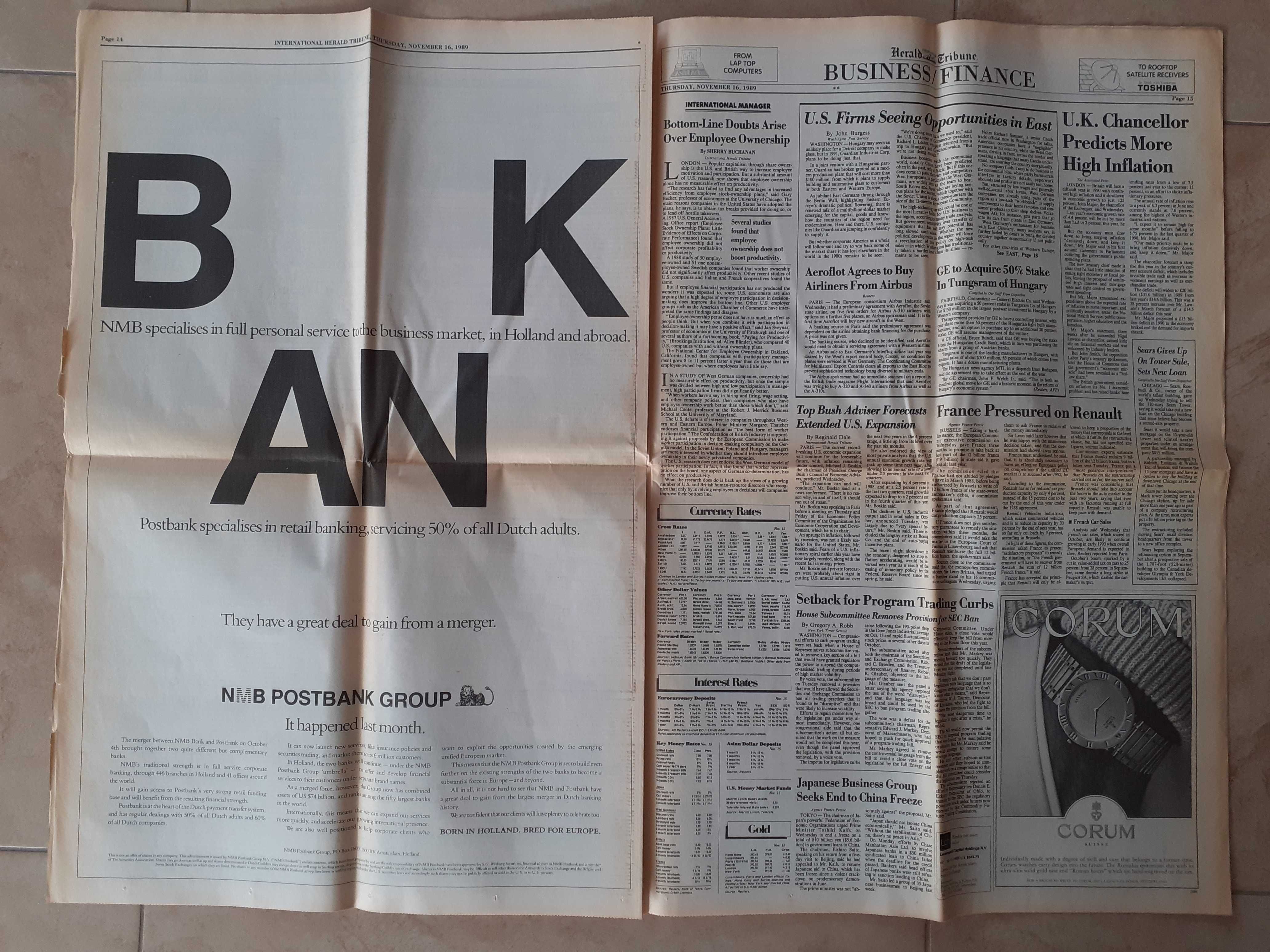 Kompletna, stara gazeta "Herald Tribune" z 16.11.1989r.