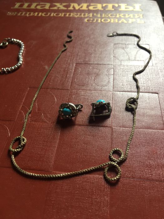 Серьги серебряные с натуральной бирюзой и цепочка серебряная /Индия/