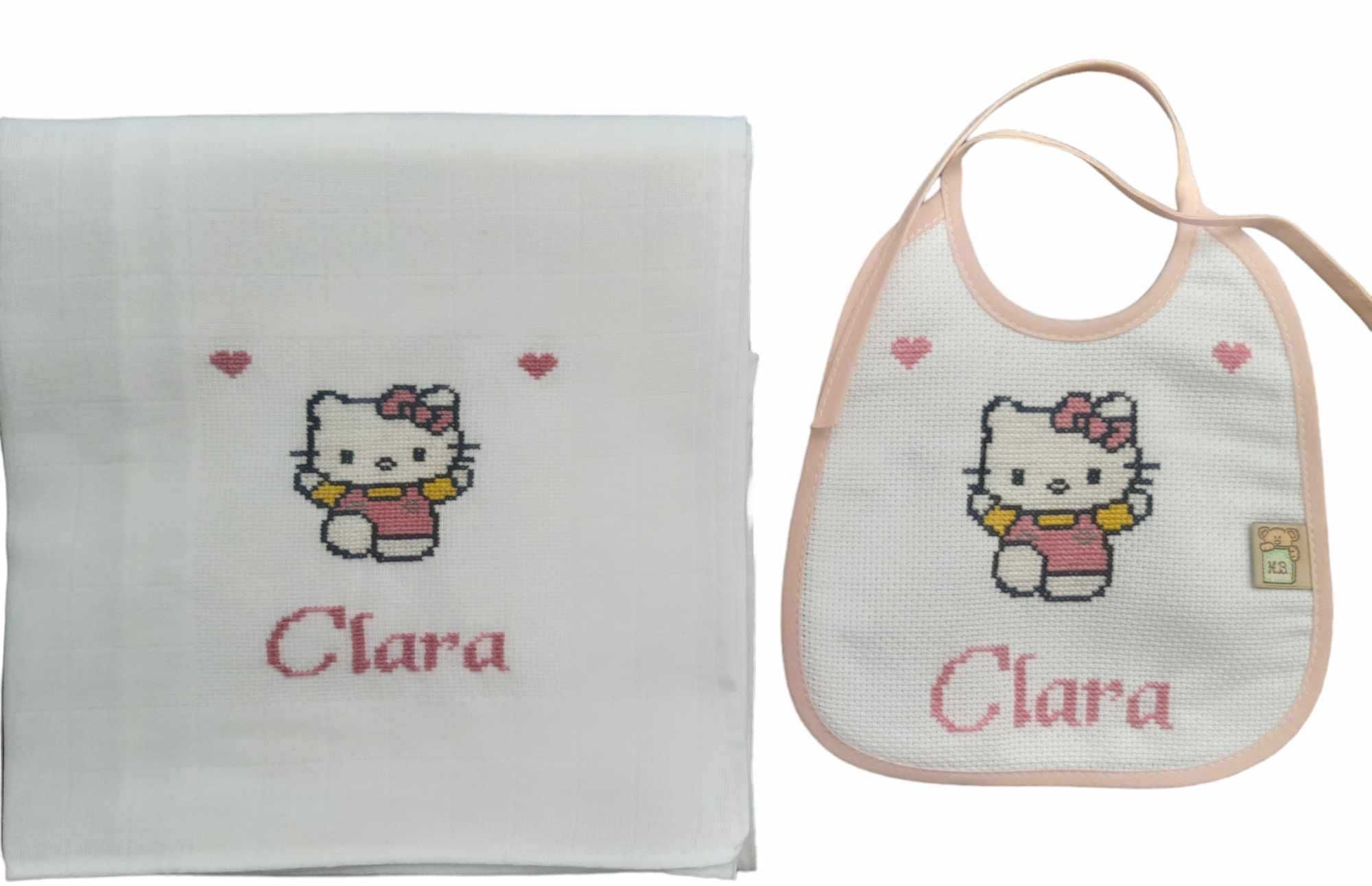 Conjunto de fralda + babete bordados à mão