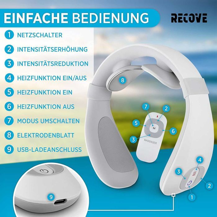 RECOVE - Elektryczny masażer karku Shiatsu (6 trybów, 15 stopni)