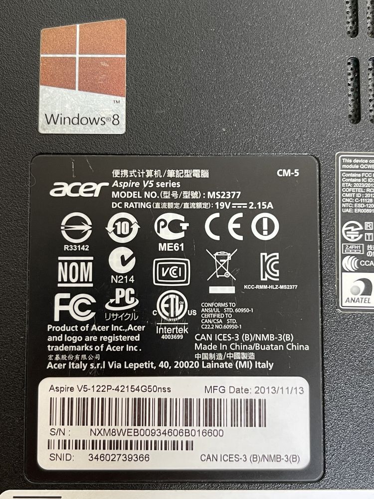 Portatil Acer aspire V5