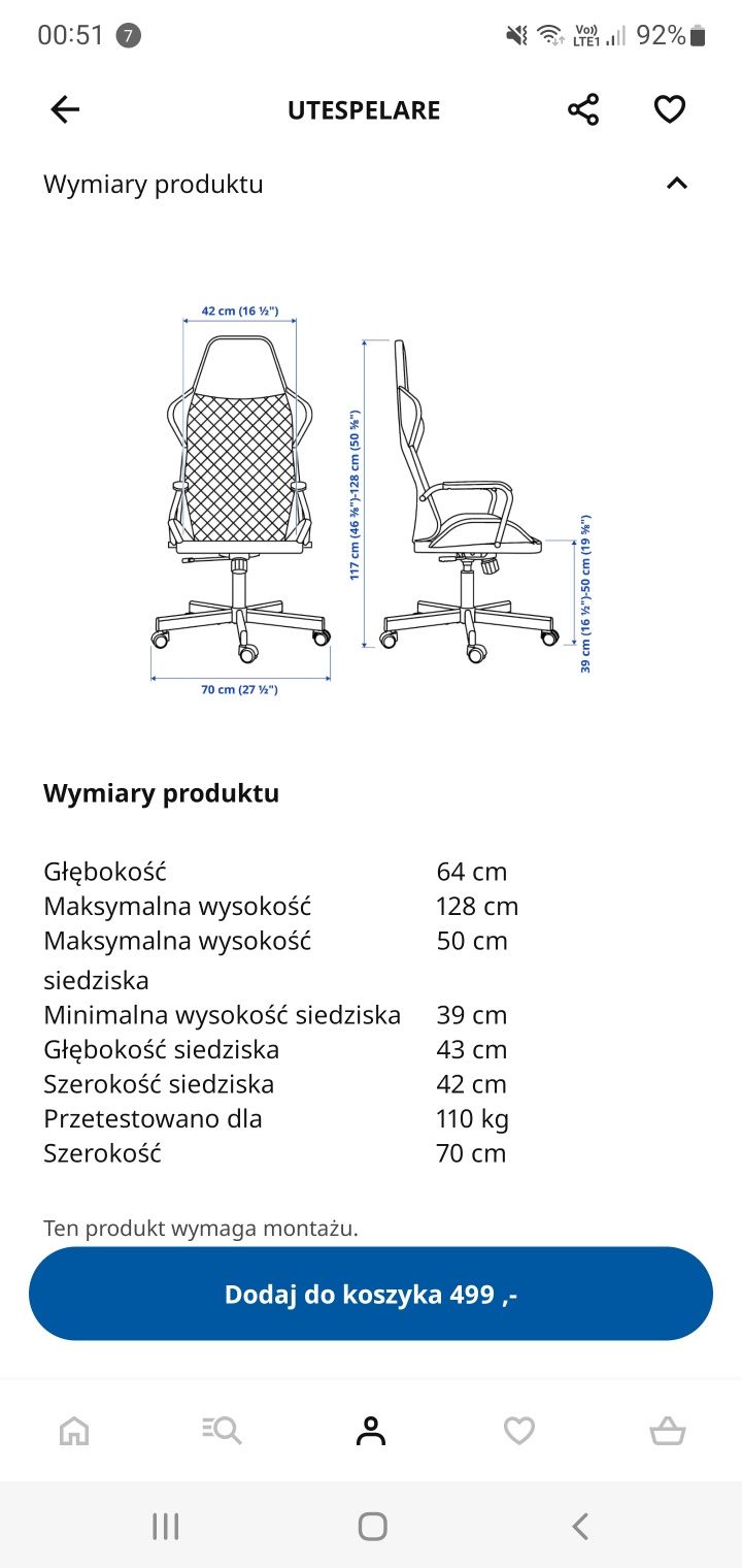 Fotel gamingowy IKEA Utespelare