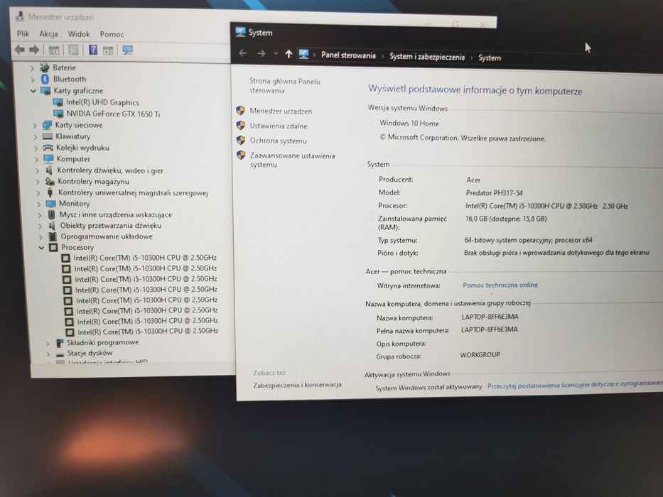 Laptop Gamingowy Acer Predator17 GTX 1650Ti i5 10Gen 16Ram 500GB 120HZ