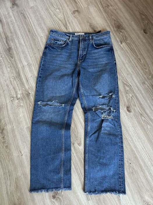 Spodnie jeansowe z przetarciami szerokie nogawki Zara granatowe 42