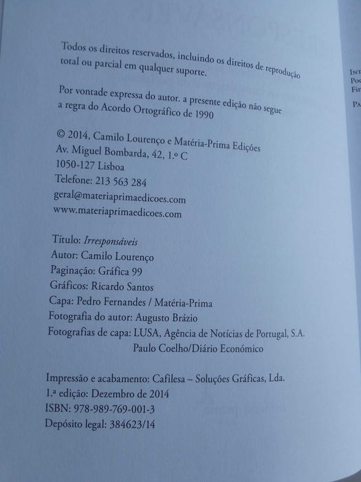 Livro "Irresponsáveis", de Camilo Lourenço