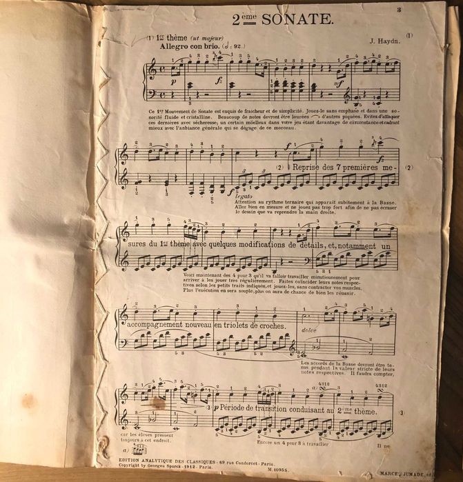 Partitura de Ensino anotada: Franz Joseph Haydn  2eme SONATA  1912