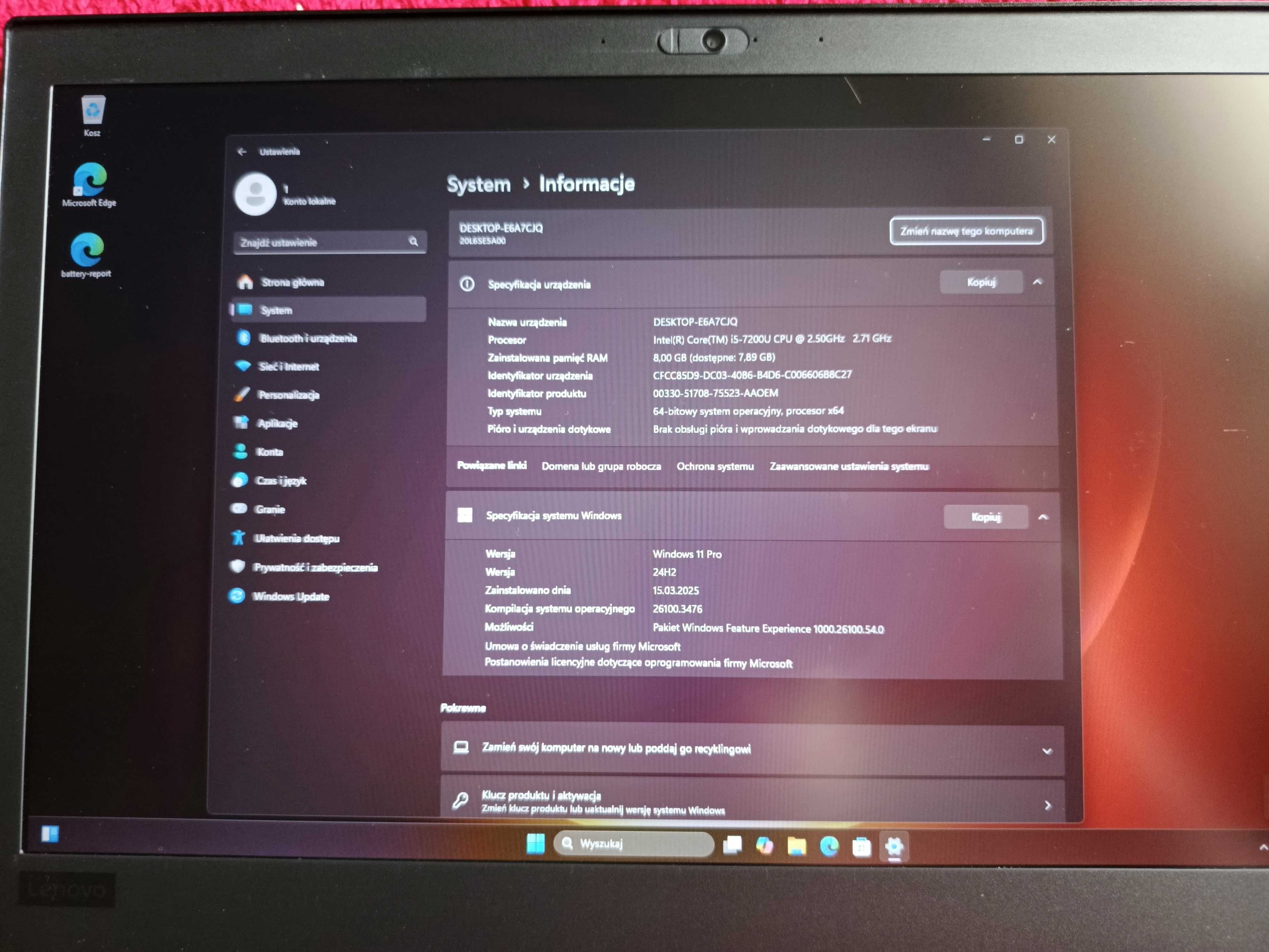 Sprzedam Lenovo T480 I5-7200U 2.5Ghz Windows 11