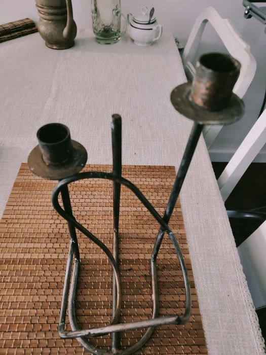 Świecznik że stojakiem na butelkę retro hand made