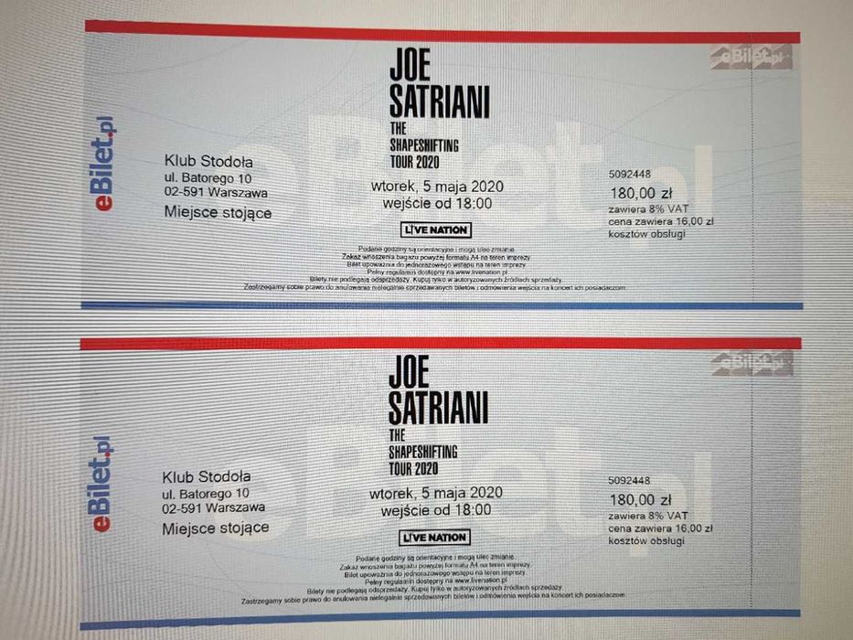 Bilety na koncert Joe Satriani 11 kwietnia 2023 (2 sztuki)