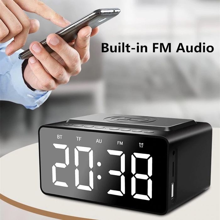 Carregador sem fios, despertador bluetooth, cartão do tf, rádio FM
