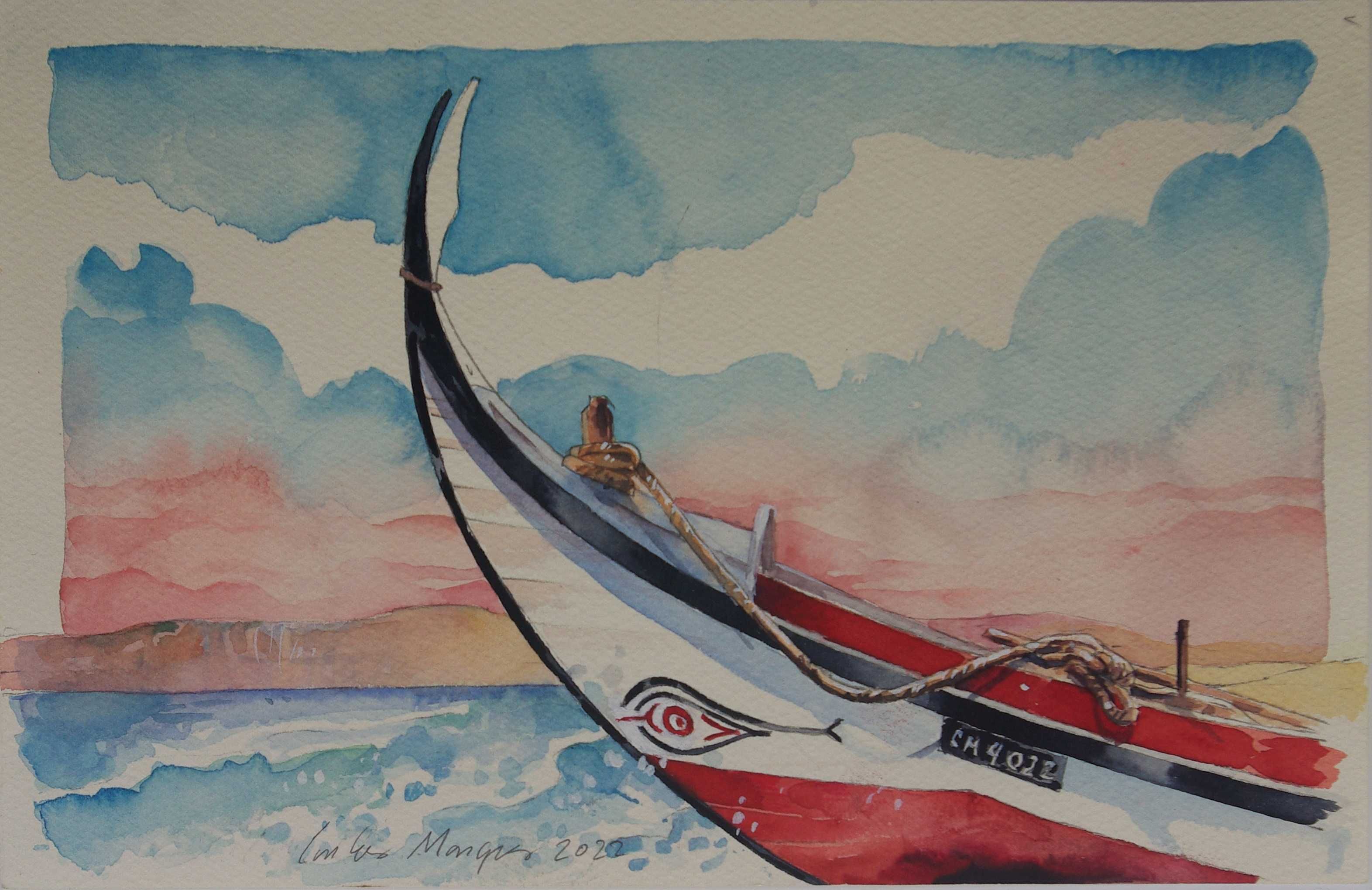 Costa de Caparica, Proa de barco  pesca.  Aguarela de Carlos Marques.