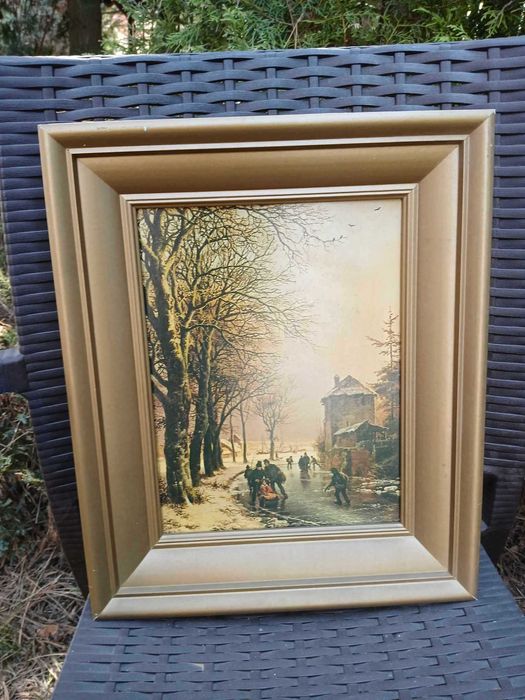 Obraz reprodukcja ZABAWY NA ZAMARZNIĘTEJ RZECE w złotej ramie 35x42 cm