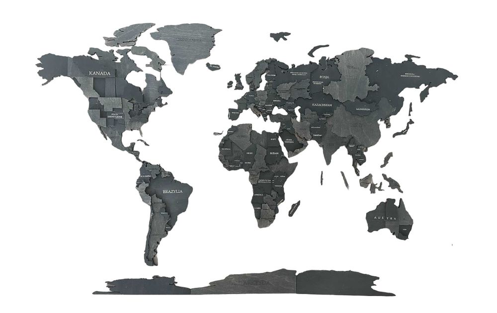 Mapa Świata 3D drewniana 105x63cm, czarny i szary, pomysł na prezent
