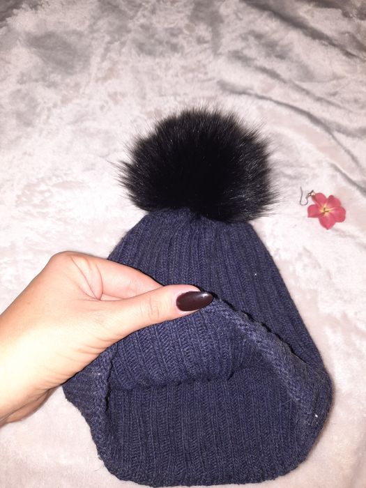 Шапочка з натуральною шерстю,темно-синя