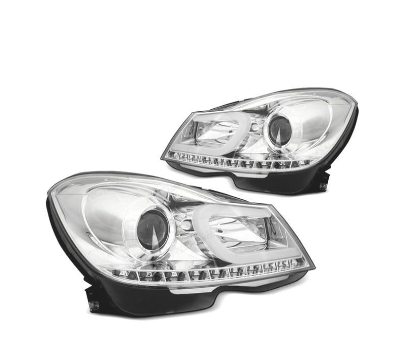 FAROIS FRONTAIS PARA MERCEDES W204 11-14 TUBE LIGHT + LED FUNDO CROMADO