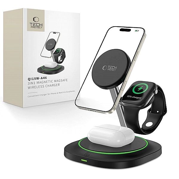 Tech-Protect Qi15W-A46/3In1 Magnetic Magsafe Wireless Charger Black