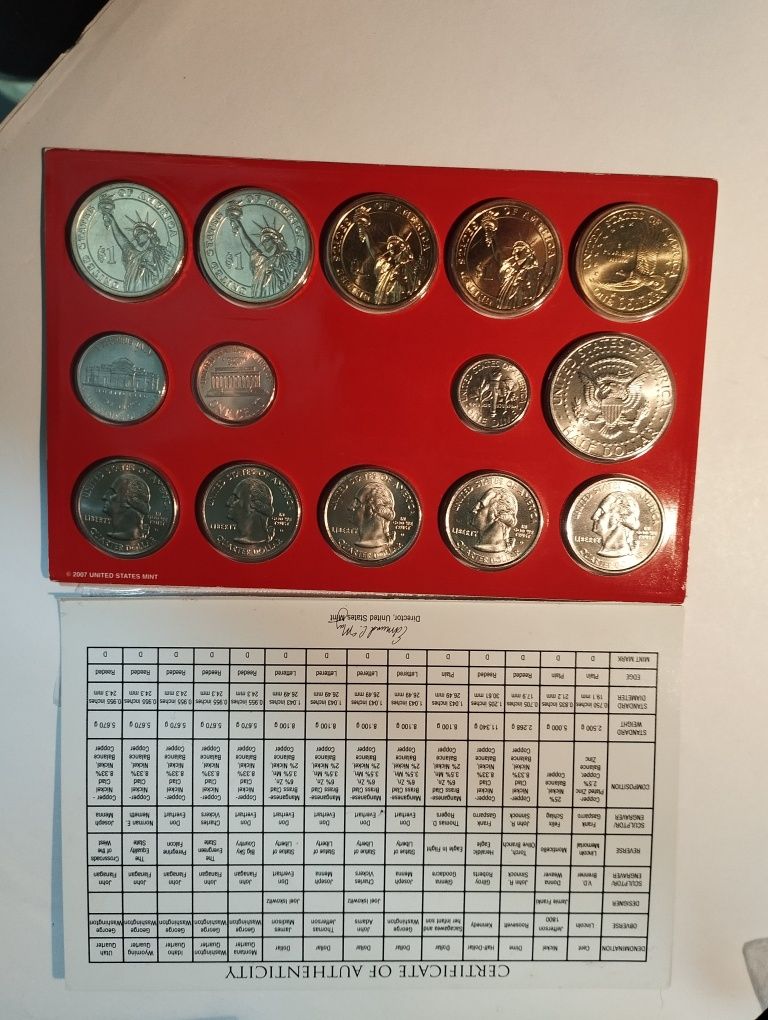 Conjunto moedas 2007 D (14 moedas) não circuladas dos EUA