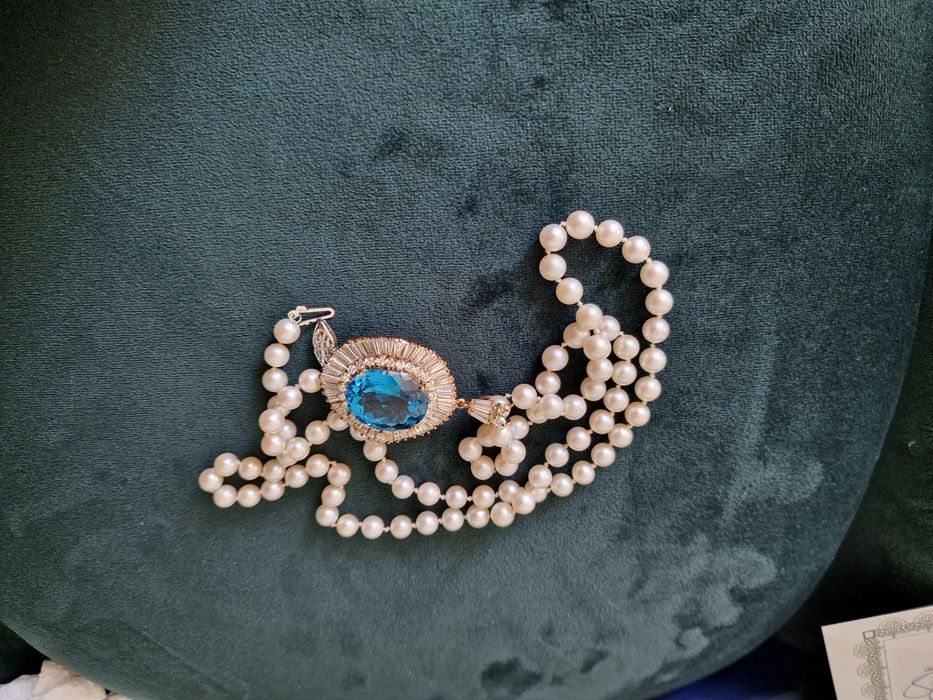 Luksusowy naszyjnik z topazem i diamentami – złoto, perły, certyfikat!
