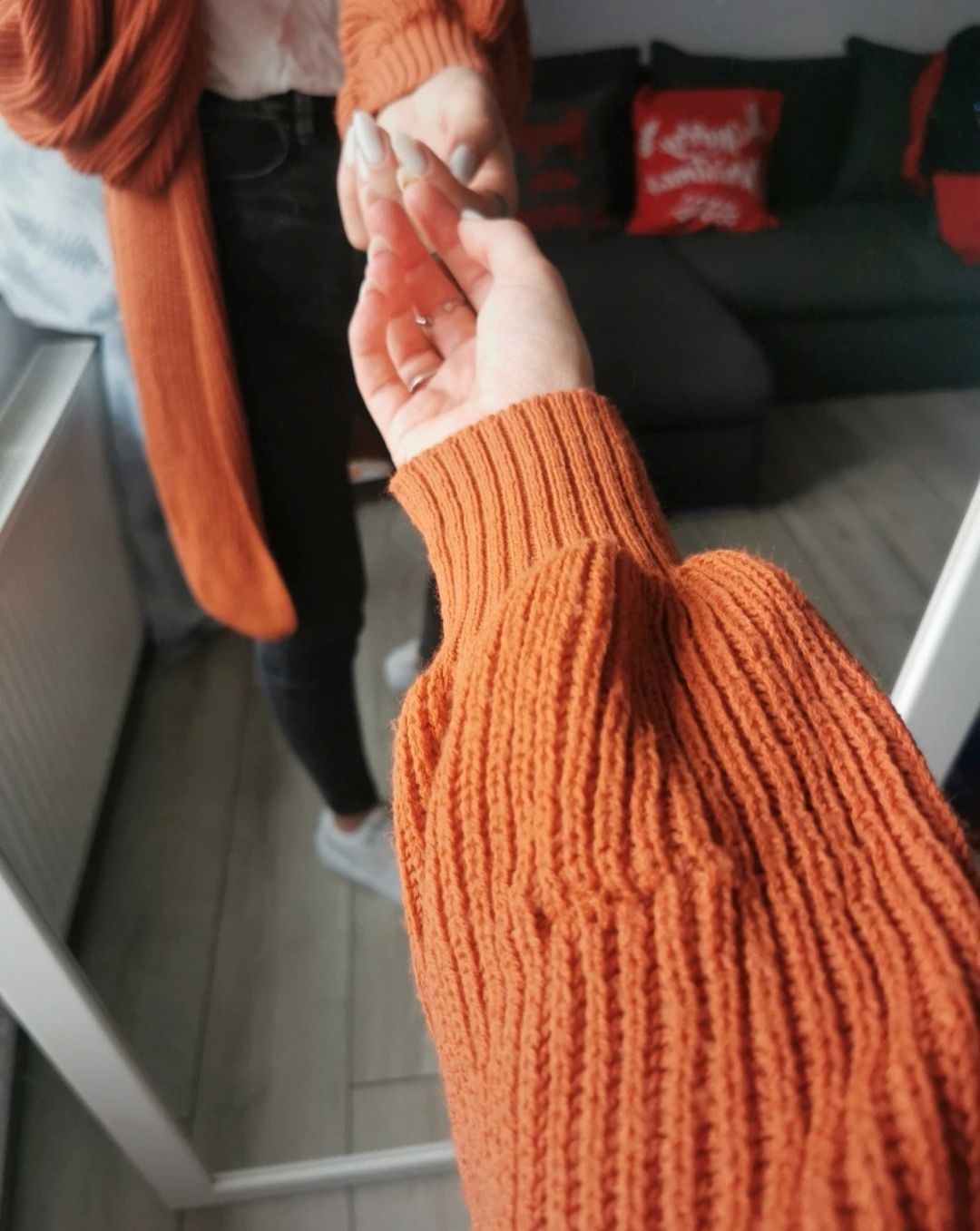 Jesienny sweter kardigan bufki bufiaste rękawy S 36 M 38 oversize