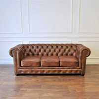 Sofa pikowana chesterfield skórzana z funkcją spania 3 os. skóra