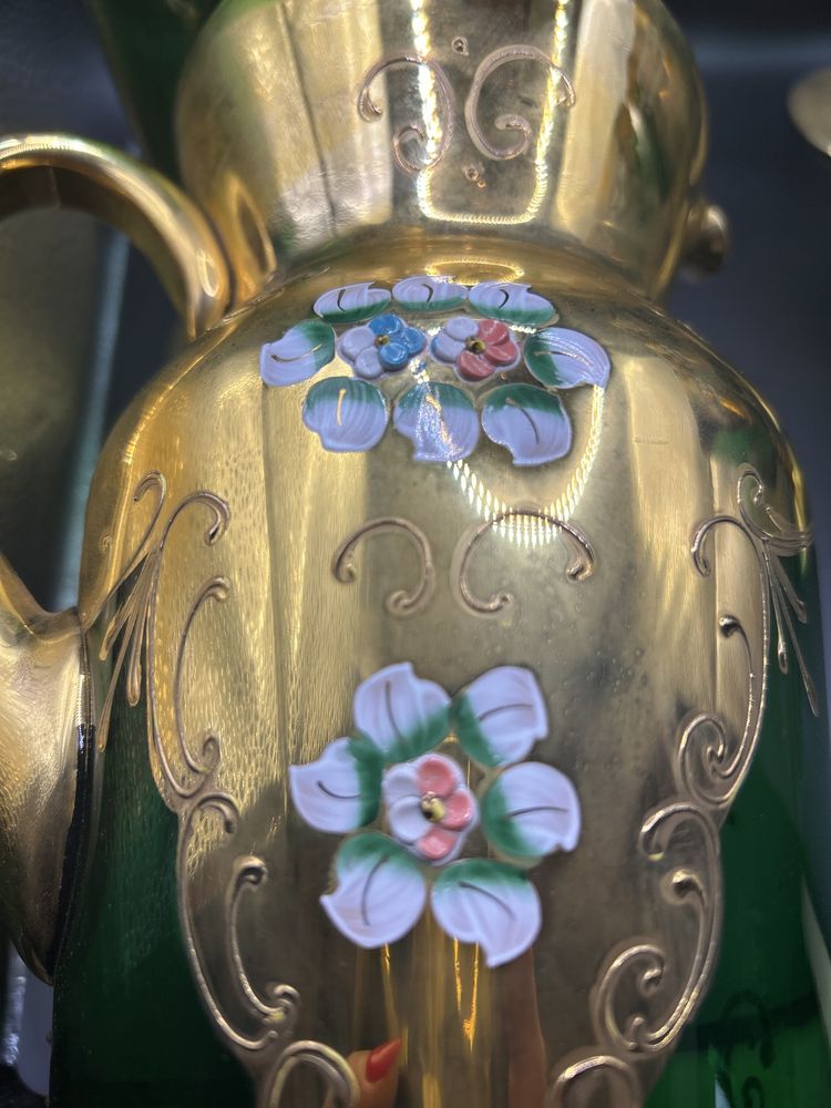 Jarro e copos Murano Barbini Original Verde Ouro 24K