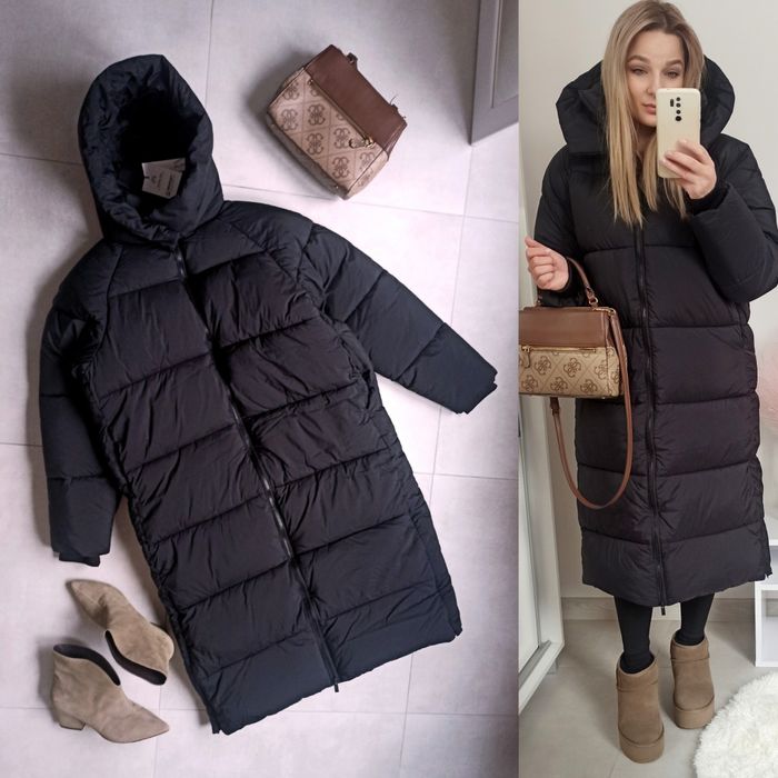 Zara kurtka anorak s 36 czarna długa pikowana wodoodporna termiczna