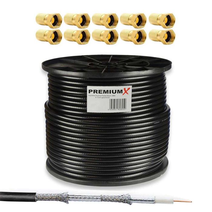 PremiumX 100 m Basic kabel koncentryczny, czarny 135 dB, 4-krotny