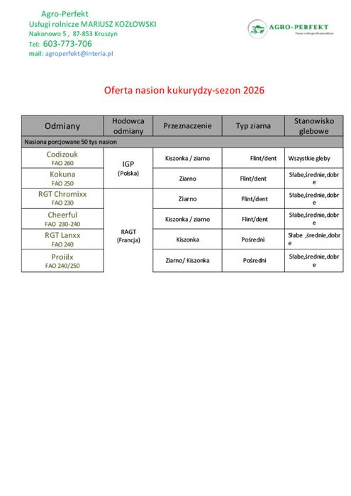 Oferta nasion kukurydzy - sezon 2026