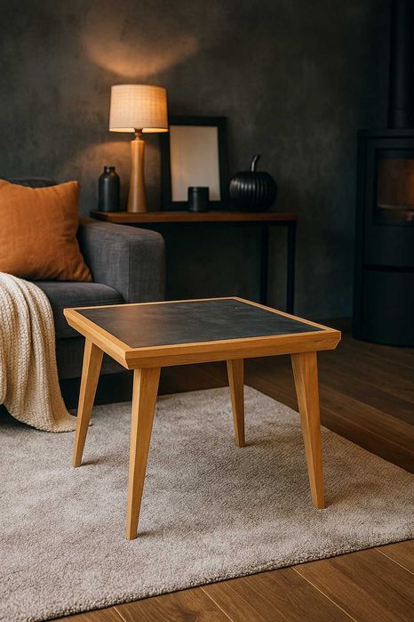 Stolik kawowy ciemny beton drewno dąb 47x58cm