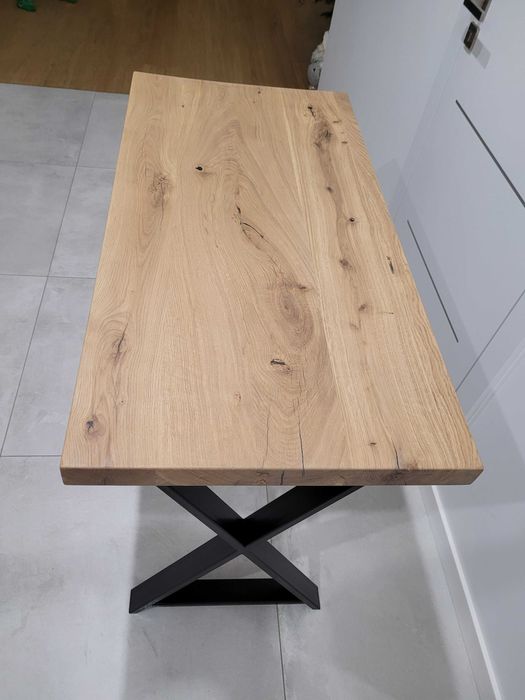 Stolik / konsola dębowa, czarne metalowe nogi - nowy