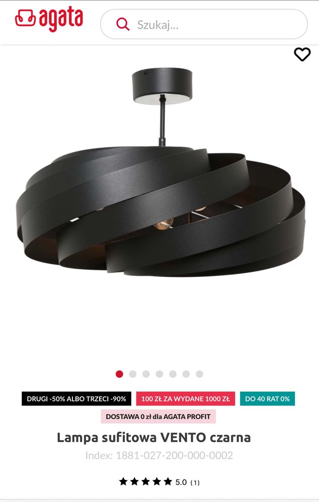 Lampa sufitowa czarna (żyrandol) VENTO Agata Meble