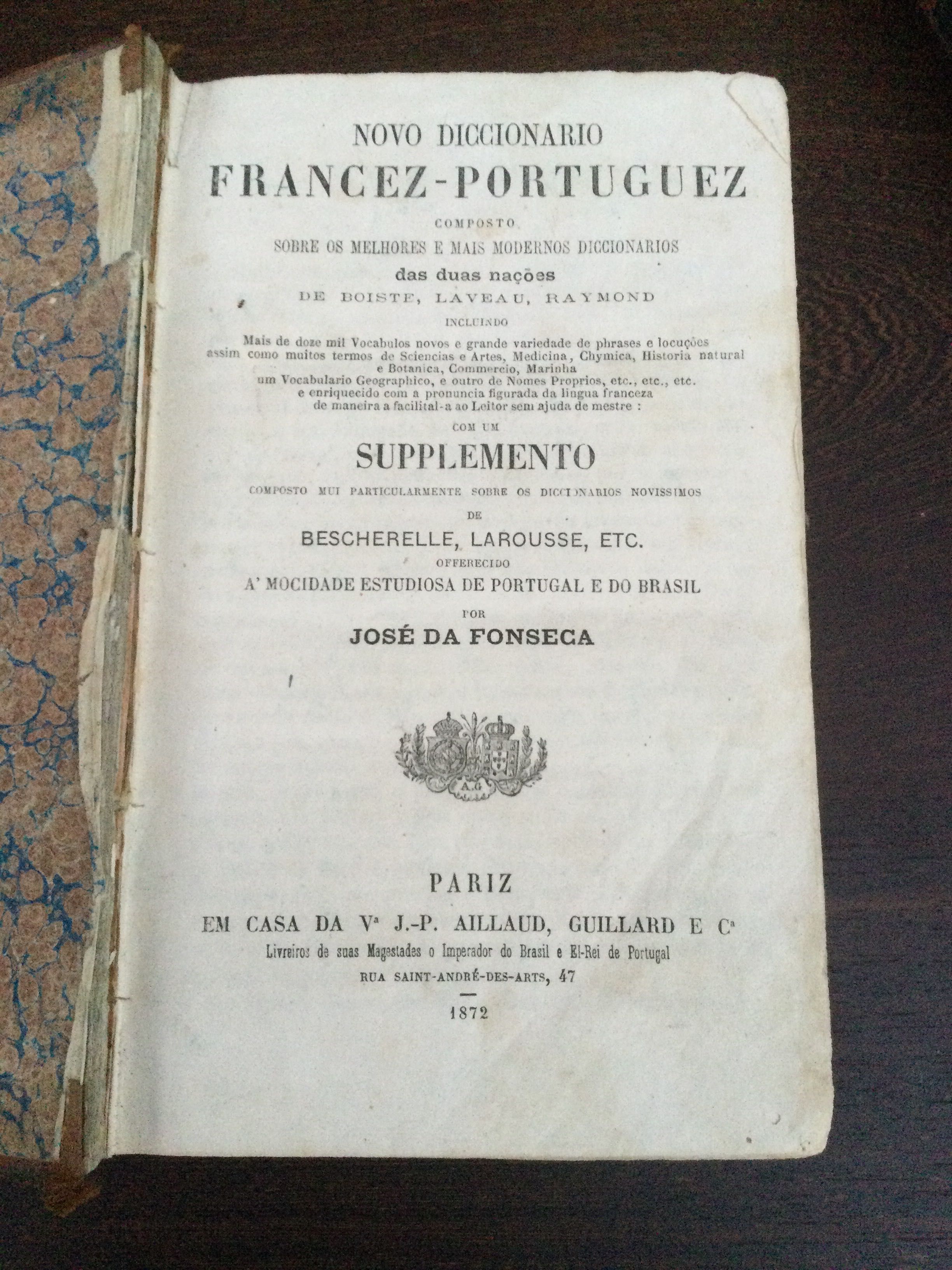 Livro Dicionário Francês - Português Séc XIX 1872 José da Fonseca