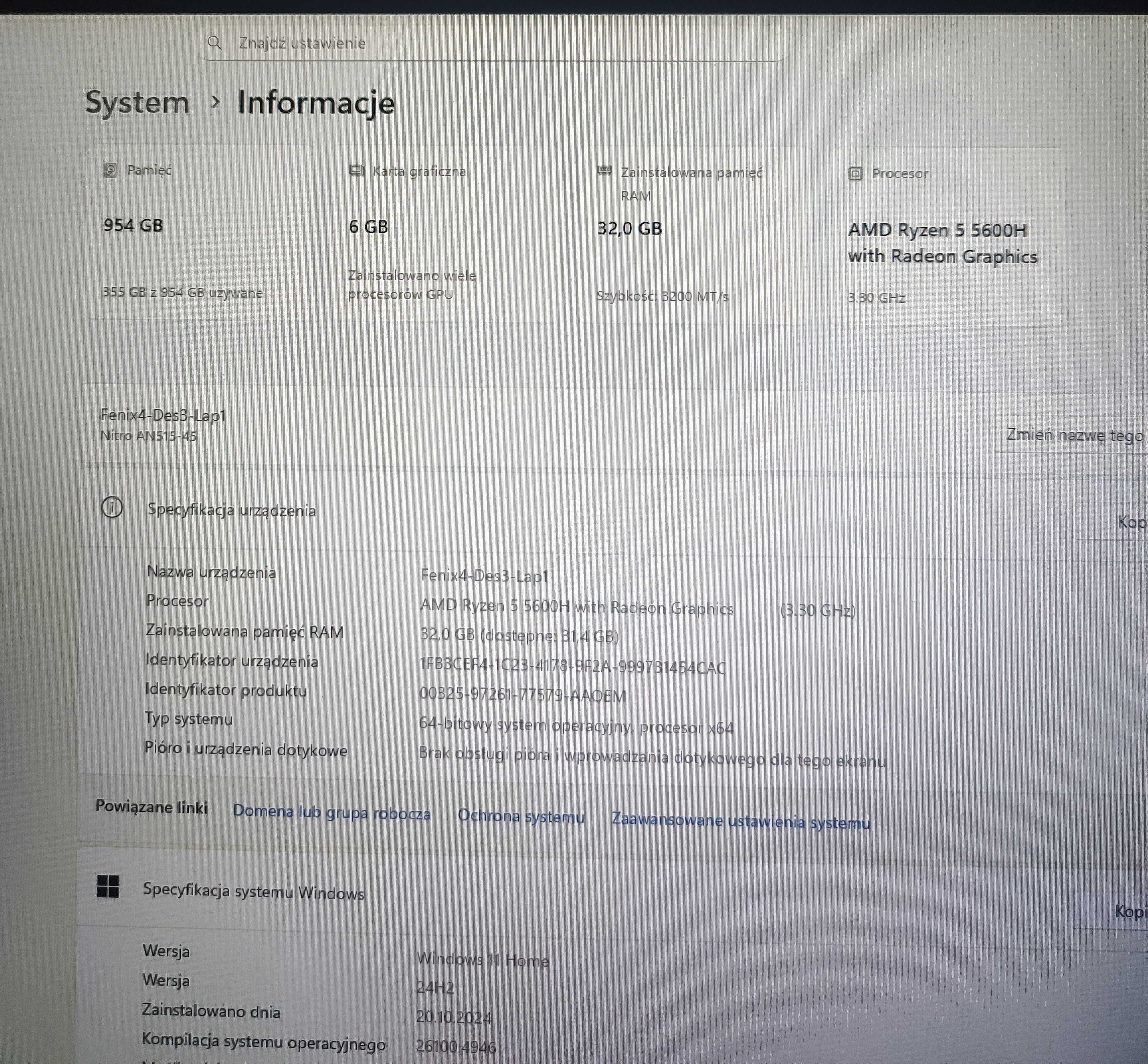 ACER Nitro 5,Ryzen 5 5600H, RTX 3060, DDR4 32 GB RAM, CL22, 1GB SSD